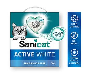 Sanicat Active White - Arena aglutinante para Gatos sin Perfume | Hecha de minerales Naturales con Control de olores | Absorbe la Humedad y facilita la Limpieza | Capacidad de 10 L