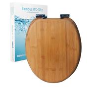 sanicomfort Asiento de inodoro de bambú con descenso automático, de madera auténtica, cierre suave, antibacteriano, resistente, ovalado, universal, bisagras de acero inoxidable, color oscuro