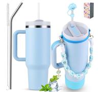 Sanilinwild Vaso aislado de 40 onzas con tapa abatible y popote, botella con 6 accesorios para bebidas calientes y frías, a prueba de fugas, agua, café, taza de viaje portátil (azul cielo)