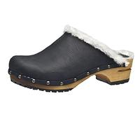 Sanita Hese | Zuecos Abiertos | Producto Artesanal Original para Mujer | Zuecos de Piel con Suela de Madera y Forro de Lana | Negro | 39 EU