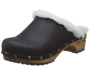 Sanita Hese | Zuecos Abiertos | Producto Artesanal Original para Mujer | Zuecos de Piel con Suela de Madera y Forro de Lana | Negro | 39 EU