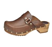 Sanita Lillen | Zuecos Abiertos | Producto Artesanal Original para Mujer | Zuecos de Piel con Suela de Madera sostenible | Marrón | 38 EU