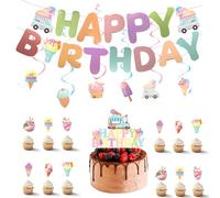 SANJSJHXJ Pack of 20 Ice Cream Birthday Decoration Set, Geburtstagsdeko, Happy Birthday Garland, Reusable Banner for Boys & Girls, Photo Background, Hanging Decor, Gift Idea
