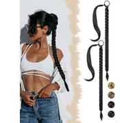 SanKristo 2 piezas 76cm extensión Pelo cola caballo trenzada trenzas largas elásticas rectas envolventes Ponytail coleta pinzas peluca postizas naturales lisos sintéticos extensiones mujer, negro