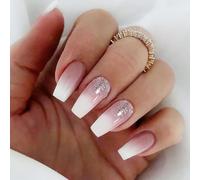 SanKristo 24 Piezas Cuadrado de Largas Media Gradiente Press on Uñas, Purpurina Uña Artificial Ombre de Blanco y Rosa, Uña Autoadhesivas Reutilizables Uñas Postizas Para Mujeres y Niñas