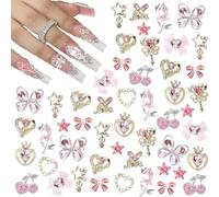 SanKristo 24 piezas gemas uñas nail art charms dorados Strass brillantes 3D Art plateados y rosas Decoración flores, lazos Y2K, corazones, estrellas, coronas cerezas set manualidades DIY y regalos