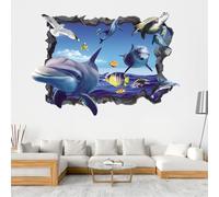 SanKristo 3D Ventana Falsa Vinilos de Pared del Océano, Autoadhesivo Océano Mundo Delfín Pez Tortuga Alga Marina Roto Pegatinas De Pared, para Niños Dormitorio Sala de Estar Cuarto Baño Decorativos
