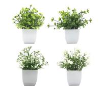 SanKristo 4 Piezas Plantas Artificiales en Macetas, Altura 16cm Pequeña Planta Sintético Edelweiss, Milenrama, Margarita, Mini Plantas Falsas de Interior y Exterior para Decoración de Dormitorios