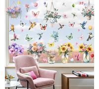 SanKristo 9 Hojas Flor Tulipanes Girasol Pájaros Reutilizables Ventana Pegatinas Estático Cling Floral Animal Anti-Colisión Ventana Cristal Calcomanías para Niños Decoraciones, 30 * 20