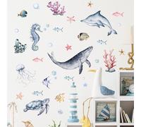 SanKristo Animales Submarinos Azules que Brillan en la Oscuridad, Pegatinas De Pared Autoadhesivo Océano Mundo Delfín Pez Tortuga Alga Marina Roto, Niños Dormitorio Sala Estar Cuarto Baño Decoración