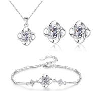 SanKristo Conjuntos de Joyas con Collar y Pendientes de Plata con Trébol de Cuatro Hojas, Conjuntos de Joyas con Colgante Floral para Mujer con Circonitas Brillantes