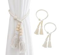 SanKristo Curtain Tiebacks 2 Pieces, Dos Maneras Atar Boho Borla cordón la Cortina sin perforación Longitud Ajustable Madera Cuentas Tejida a Mano Cuerda Cortina ataduras Accesorios Beige