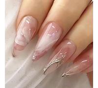 SanKristo Press on Nails 24 Unidades de Uñas Postizas, Francesas Largas Almendradas Purpurina, con Cristales 3D, Accesorios para Uñas Mujeres y Niñas, Adhesivo Suave Removible, degradado Rosa Blanco