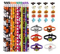 SANLIUSANJIU 50 Piezas Halloween Lápiz Conjunto, Con 24 X Lápices, 20 X Mini Gomas Borrar, 6 X Pulsera Dibujos Animados Calabaza Fantasma CráNeo Para Halloween Favores Tarea Recompensa Regalo (A)