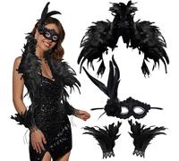 SANLIUSANJIU Conjunto De Capa De Plumas Negras, Bufanda Gótica De Plumas, Chal, Cuello De Plumas para Mujer con Puños De Plumas Y Máscara Gótica De Plumas, Disfraz De Halloween Cosplay Masquerade