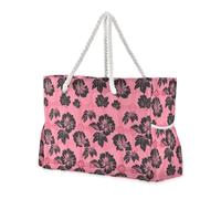 sanluoli Bolsa de trabajo portátil de flores negras sobre fondo rubor con bolsillos laterales, bolsa de viaje con bolsillos con cremallera