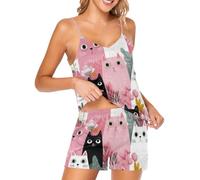 sanluoli Cami - Pijama clásico de satén de dos piezas para mujer, Lindo gato paraíso de dibujos animados rosa, M