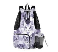 sanluoli Mochila con cordón para fotos, color lila y gris plateado, con diseño de cara de gato, bolsa de natación con bolsillos, separación húmeda y seca
