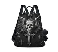 sanluoli Mochila grande de moda para mujer, para viajes, trabajo, uso diario con llavero de pompón, Skull Cross Y2k Goth Alt Grunge Gothic Emo Aesthetic Wings_00003, M, Casual