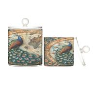 sanluoli Organizador de caramelos de plástico transparente con tapa con diseño de pavo real vintage, contenedor de almacenamiento decorativo para hisopos de algodón, almohadillas de algodón, púas de