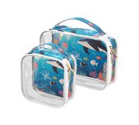 sanluoli Paquete de 2 bolsas de aseo transparentes con diseño de animales marinos de delfín, color azul, aprobado por la TSA, resistente al agua, kit de afeitado para hombre, algunos delfines animales