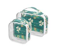 sanluoli Paquete de 2 bolsas de maquillaje de viaje reutilizables con diseño de trébol transparente a rayas verdes aprobadas por la TSA, esenciales para viajes, verde (Clover Green Stripe)