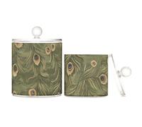 sanluoli Recipientes de almacenamiento de plástico transparente de plumas de pavo real verde oliva con tapa Dresser Essentials, contenedor de almacenamiento decorativo para hisopos de algodón