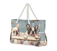 sanluoli Tina retro de dibujos animados bulldog francés, gran capacidad, para mujer, con bolsillos laterales, bolsas para viajes, gimnasio, vacaciones