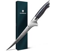 SANMEIHO Cuchillo Pescado de Acero en Polvo, Cuchillo Deshuesador Súper Afilado, Cuchillo Filetear Pescado de Acero con Carbono Extra Duro, Cuchillo de Filete con Mango Ergonómico de Madera de Pakka
