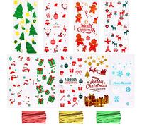 SANNIX 90 bolsas de celofán de Navidad, bolsas de dulces de 5 x 10 pulgadas con lazos giratorios, bolsas de regalo de Navidad para suministros de fiesta de Navidad, 9 estilos de bolsas de dulces