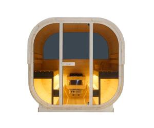 SANOTECHNIK Hanko - Sauna exterior y cabina de infrarrojos para 6 personas, 210 × 180 × 210 cm, horno Harvia de 8 kW, madera de abeto, cristal templado - Número de referencia F60180