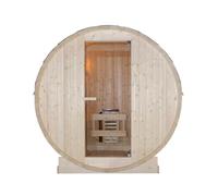 SANOTECHNIK Sauna de barril para exteriores TROMSÖ M - 2 personas sauna de jardín de madera de abeto, estufa Harvia de 3,6 kW, vidrio templado, techo de asfalto, 189 × 120 × 191,5 cm, F50120