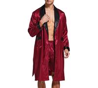 Sanraflic® Bata de Satén para Hombre, Ligera, de Seda, de Manga Larga, con Shorts, Juego de Spa, Kimono, Pijama, Ropa de Dormir, Borgoña/ Negro, XX-Large