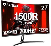 SANSUI Monitor Curvo para Juegos de 27 Pulgadas, 180 Hz, 1 ms, con Altavoces, FHD 1080P, Monitor de computadora FreeSync, 1500R, 130% sRGB, HDR, luz Azul Baja, Puertos HDMI DP, Montaje VESA, Soporte