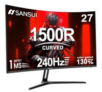 SANSUI Monitor Curvo para Juegos de 27 Pulgadas, 180 Hz, 1 ms, con Altavoces, FHD 1080P, Monitor de computadora FreeSync, 1500R, 130% sRGB, HDR, luz Azul Baja, Puertos HDMI DP, Montaje VESA, Soporte