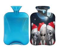 Santa Aliens - Botella de agua caliente con funda esponjosa, 2 L, gran capacidad, botella de nave espacial alienígenas, bolsa de agua para noches acogedoras, alivio del dolor, espalda, cuello y