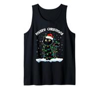 Santa Black Cat Luces de Navidad Funny Merry Christmas Cat Camiseta sin Mangas