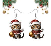 Santa Cat Christmas Earrings, Santa Kitty Christmas Earrings, Cute Cat Holding Christmas Tree Xmas Earring, Lightweight & Comfortable, for Parties, Dinners, and Family Gatherings (01)
