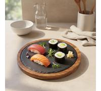 Santa Clara | Bandeja de Pizarra Redonda con Base de Madera Acacia 23x1,5cm, Fuente de Servir Comida Gourmet para Postres, Aperitivos y Quesos, Bandeja Presentación para Cocina