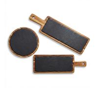 SANTA CLARA | Bandejas de Pizarra con Base y Mango de Madera Acacia (30x12x1,5cm, 40x12x1,5cm, 23cm Redonda), Fuentes de Servir Gourmet para Aperitivos, Quesos y Tapas, Set Pack 3, Bandejas Set de 3 P
