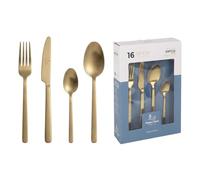 SANTA CLARA | Cubertería completa 16 piezas de acero inoxidable acabado champán PVD, juego de cubiertos con cuchillo, tenedor, cuchara y cucharilla de postre, servicio para 4 personas, modelo Antiga