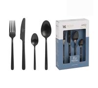 SANTA CLARA | Cubertería completa 16 piezas de acero inoxidable acabado negro PVD, juego de cubiertos con cuchillo, tenedor, cuchara y cucharilla de postre, servicio para 4 personas, modelo Antiga