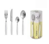 SANTA CLARA | Cubertería completa 16 piezas de acero inoxidable con mango blanco, juego de cubiertos con cuchillo, tenedor, cuchara y cucharilla de postre, servicio para 4 personas, modelo Niza