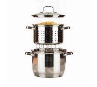 SANTA CLARA | Set de Cocina Acero Inoxidable Pulido - Olla para Pasta 20 cm con Cestillo Escurridor y Cacerola 28 cm, Tapa de Cristal y Asas Metálicas, Aptas para Inducción, Gas, Vitro y Eléctrica Cac