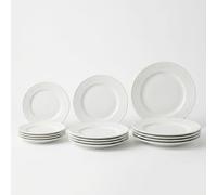 SANTA CLARA | Vajilla Completa 12 Piezas Porcelana Blanca para 4 Personas, Apta Microondas y Lavavajillas, Vajilla Sevilla con Relieve y Forma Ala Plana para Hogar y Cocina