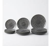SANTA CLARA | Vajilla Completa 12 Piezas Porcelana Decorada para 4 Personas, Apta Microondas y Lavavajillas, Vajilla Electra Grafito para Hogar y Cocina