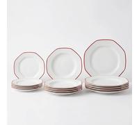 SANTA CLARA | Vajilla Completa 12 Piezas Porcelana Extra Blanca para 4 Personas, Apta Microondas y Lavavajillas, Vajilla Alma Roja Decorada Forma Octogonal para Hogar y Cocina