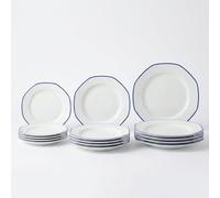 SANTA CLARA | Vajilla Completa 12 Piezas Porcelana Extra Blanca para 4 Personas, Apta Microondas y Lavavajillas, Vajilla Alma Azul Decorada Forma Octogonal para Hogar y Cocina