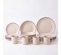 SANTA CLARA | Vajilla Completa 16 Piezas Cerámica Stoneware para 4 Personas, Apta Microondas y Lavavajillas, Vajilla Trento Alfares con Acabado Beige y Borde Marrón para Hogar y Cocina