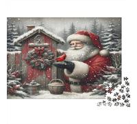 Santa Claus Rompecabezas de Papel Reciclado Papá Noel alimentando pájaro Rojo en cabaña Nevada, Juguete Educativo para Toda la Familia 52x38cm/1000 Piezas